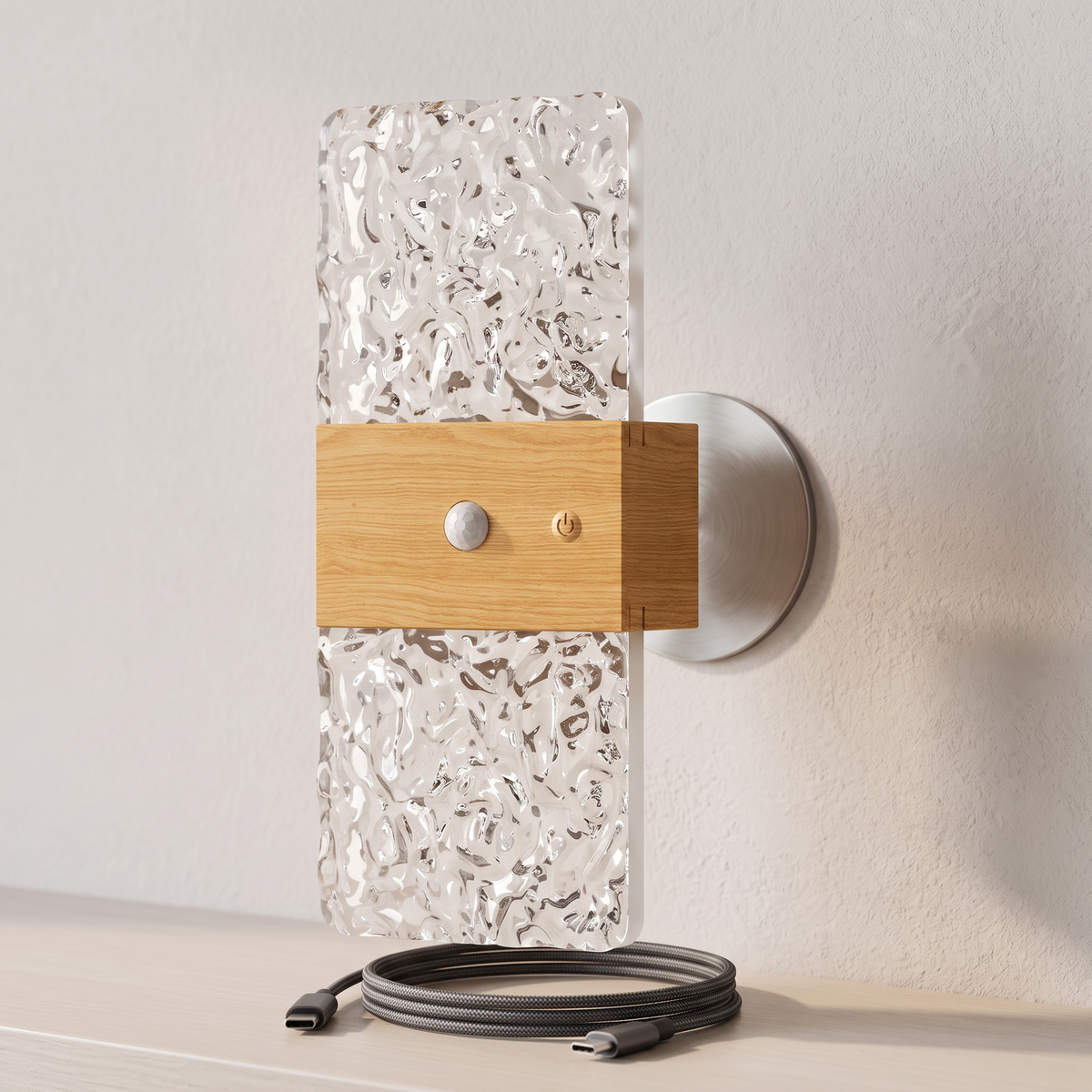 Close-up of the night light, its sensor and magnetic wall plate