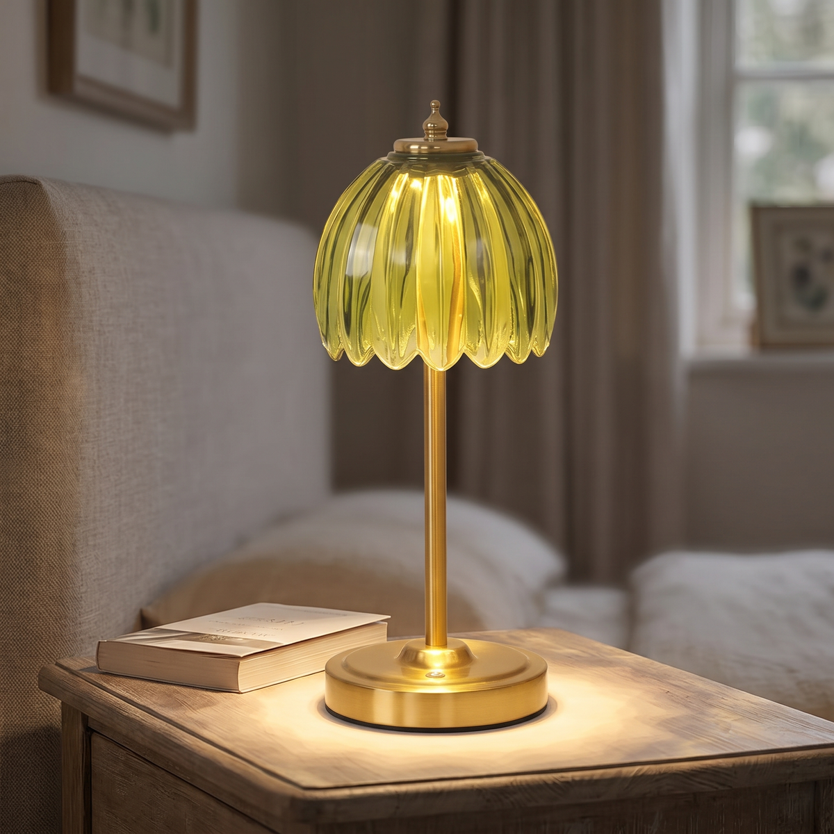 Tall 34cm cordless glass flower lamp with green shade