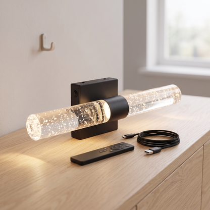 Crystal-effect wall light with its remote and USB-C cable