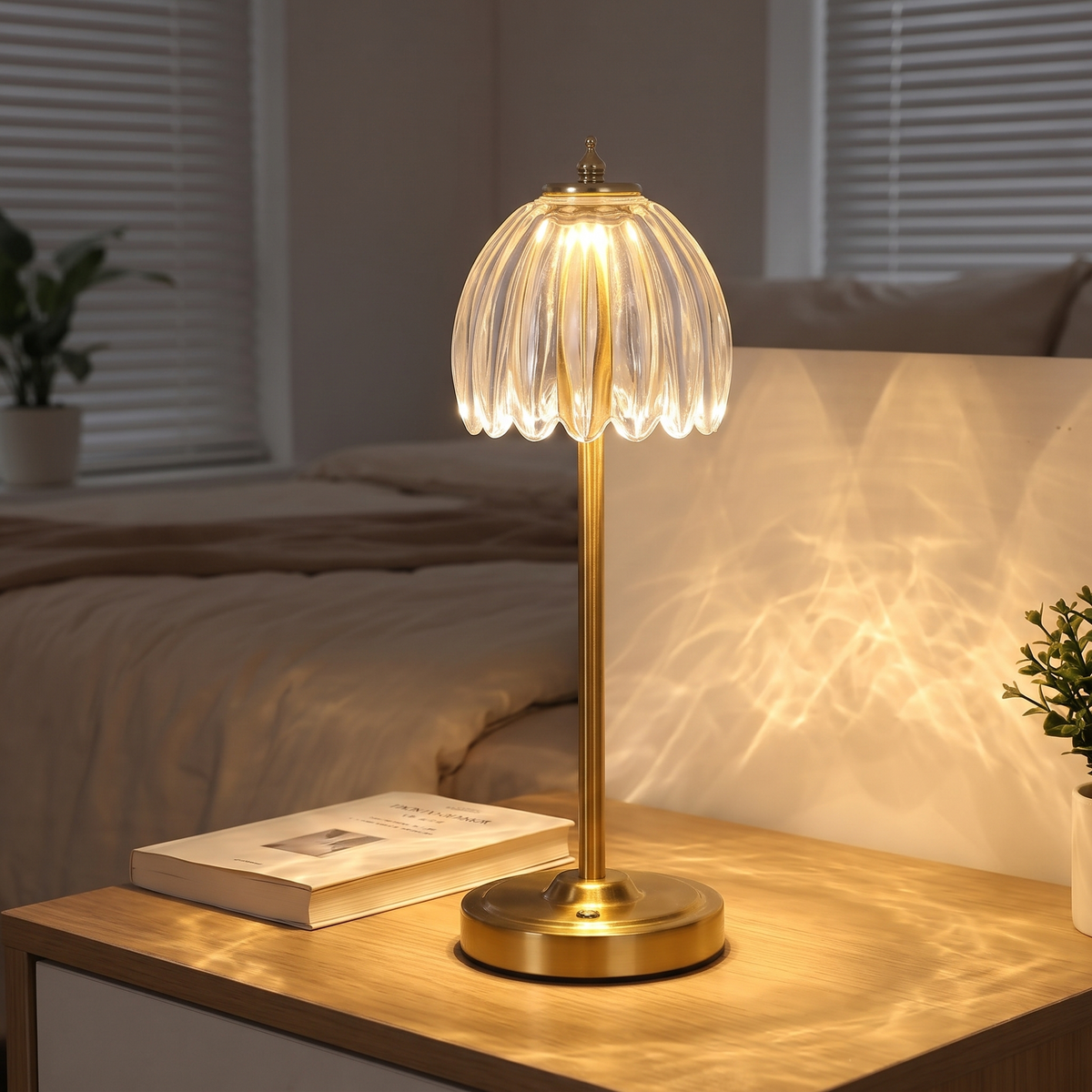 Tall 34cm cordless glass flower lamp with clear shade