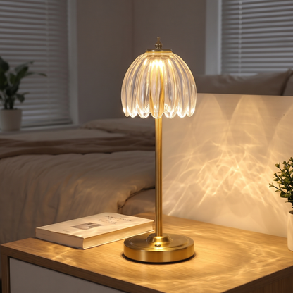 Tall 34cm cordless glass flower lamp with clear shade