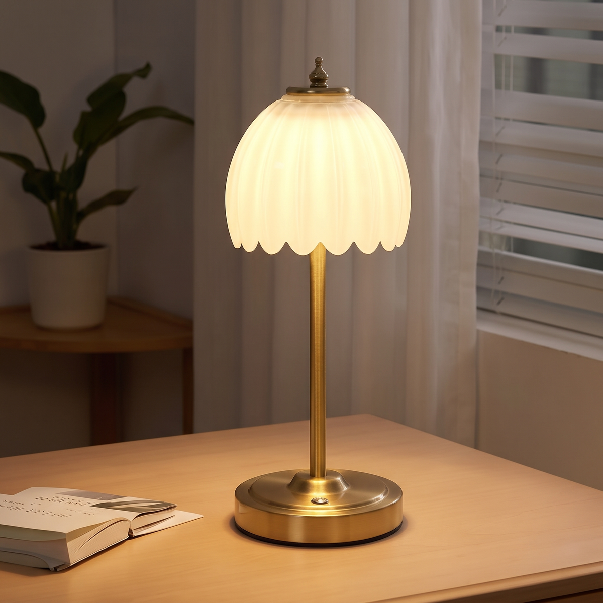 Tall 34cm cordless glass flower lamp with milk white shade