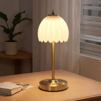 Tall 34cm cordless glass flower lamp with milk white shade