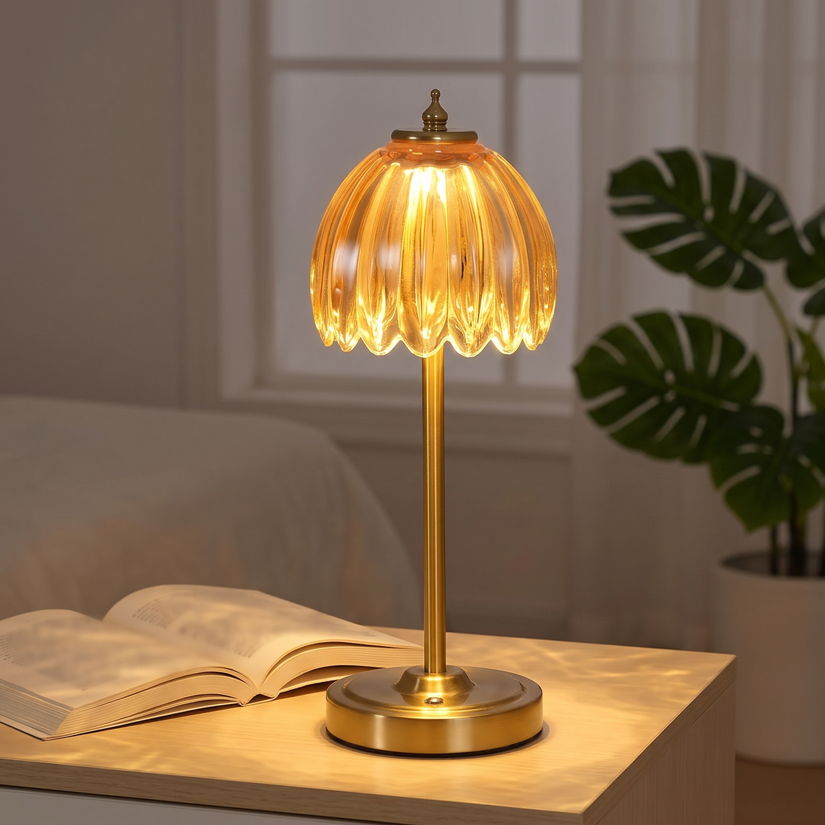 Tall 34cm cordless glass flower lamp with amber shade