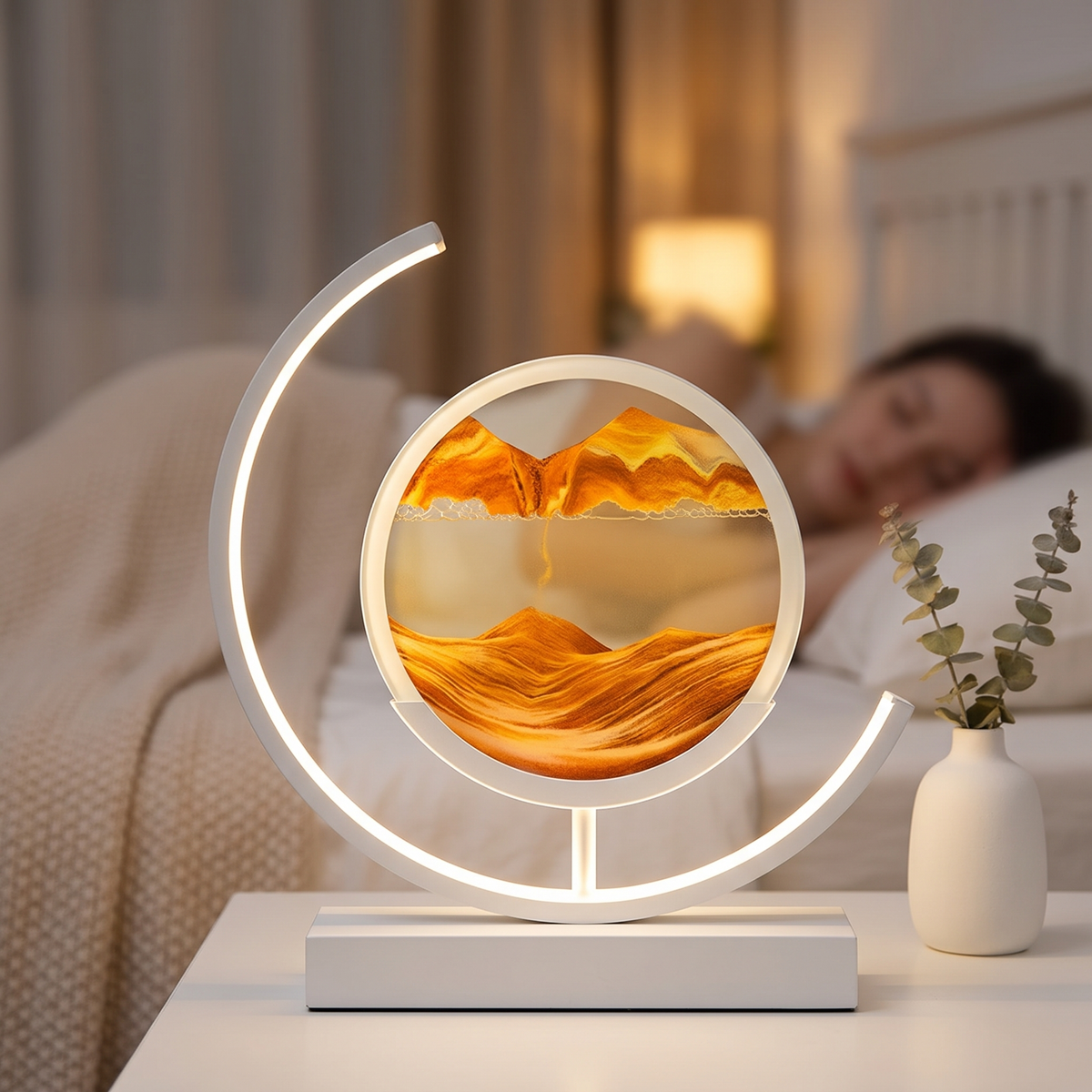 Sand art lamp with orange and yellow moving sand