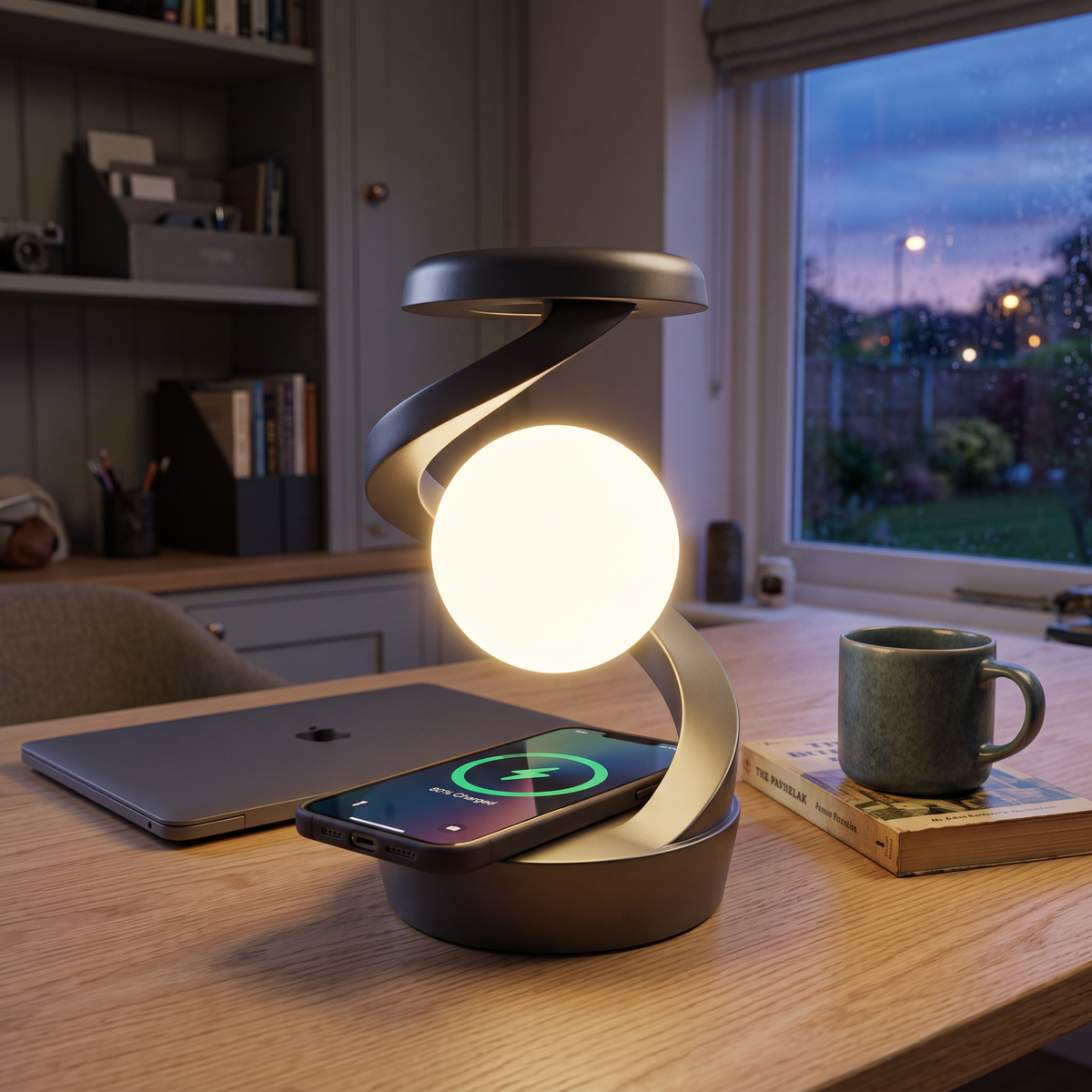 Grey floating spiral desk lamp with wireless charger on an oak desk