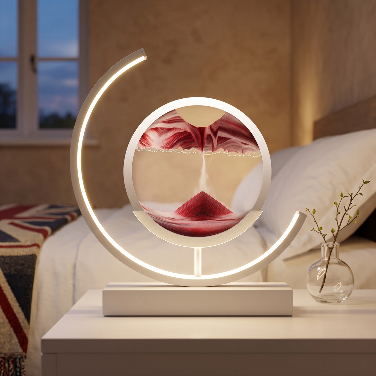 Sand art lamp with crimson red moving sand