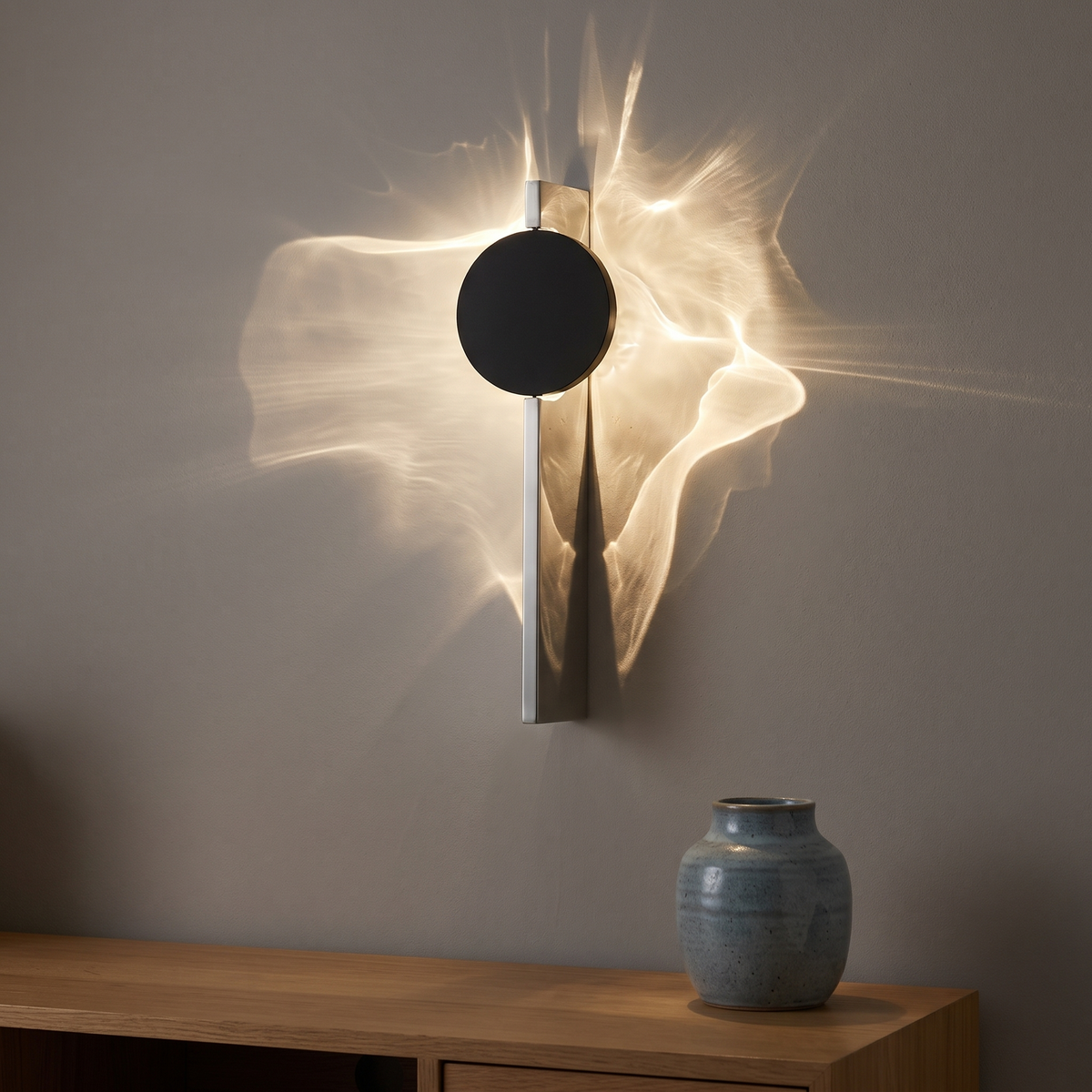 Single head stainless steel water ripple wall light on a living room wall