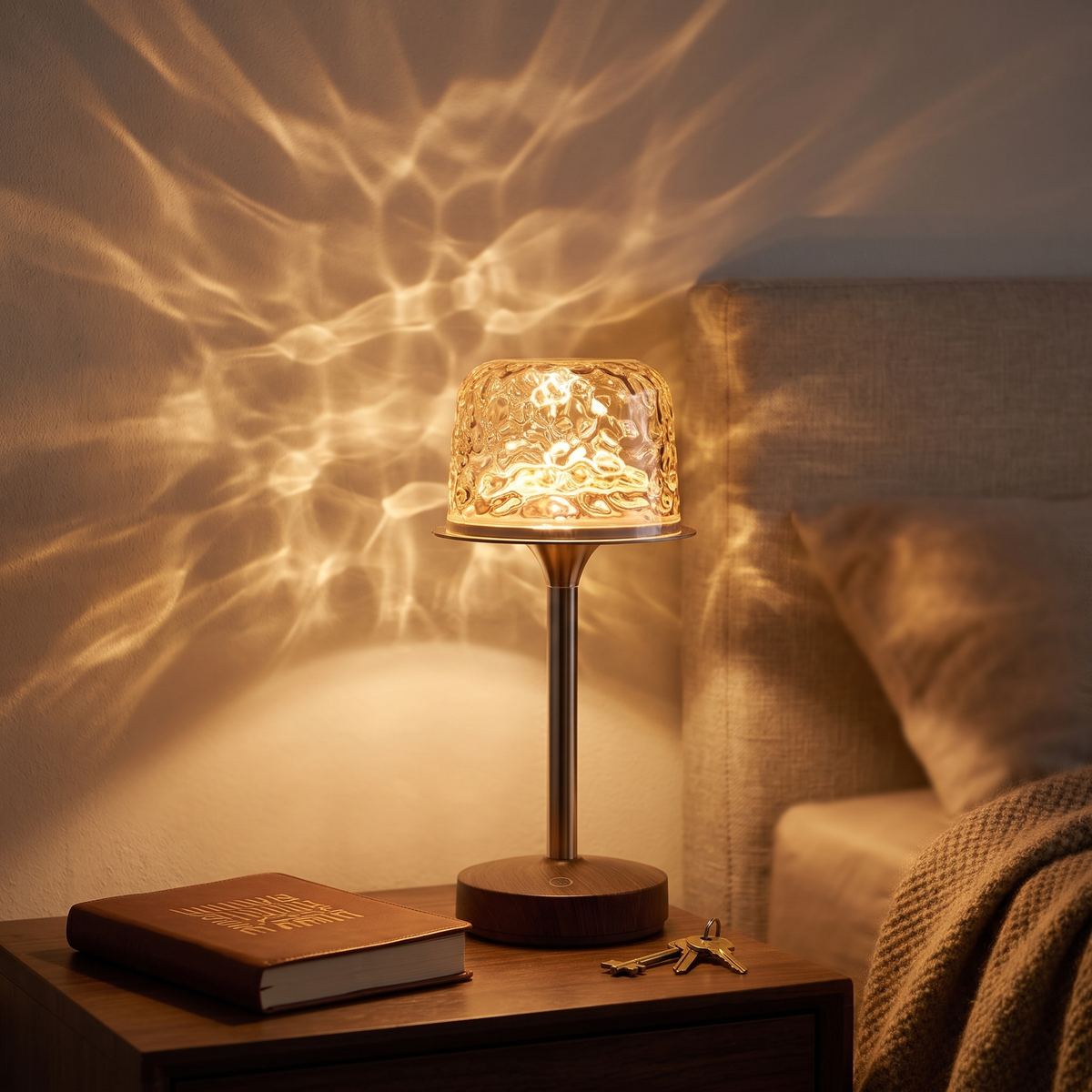 Water ripple lamp with walnut base on a bedside table