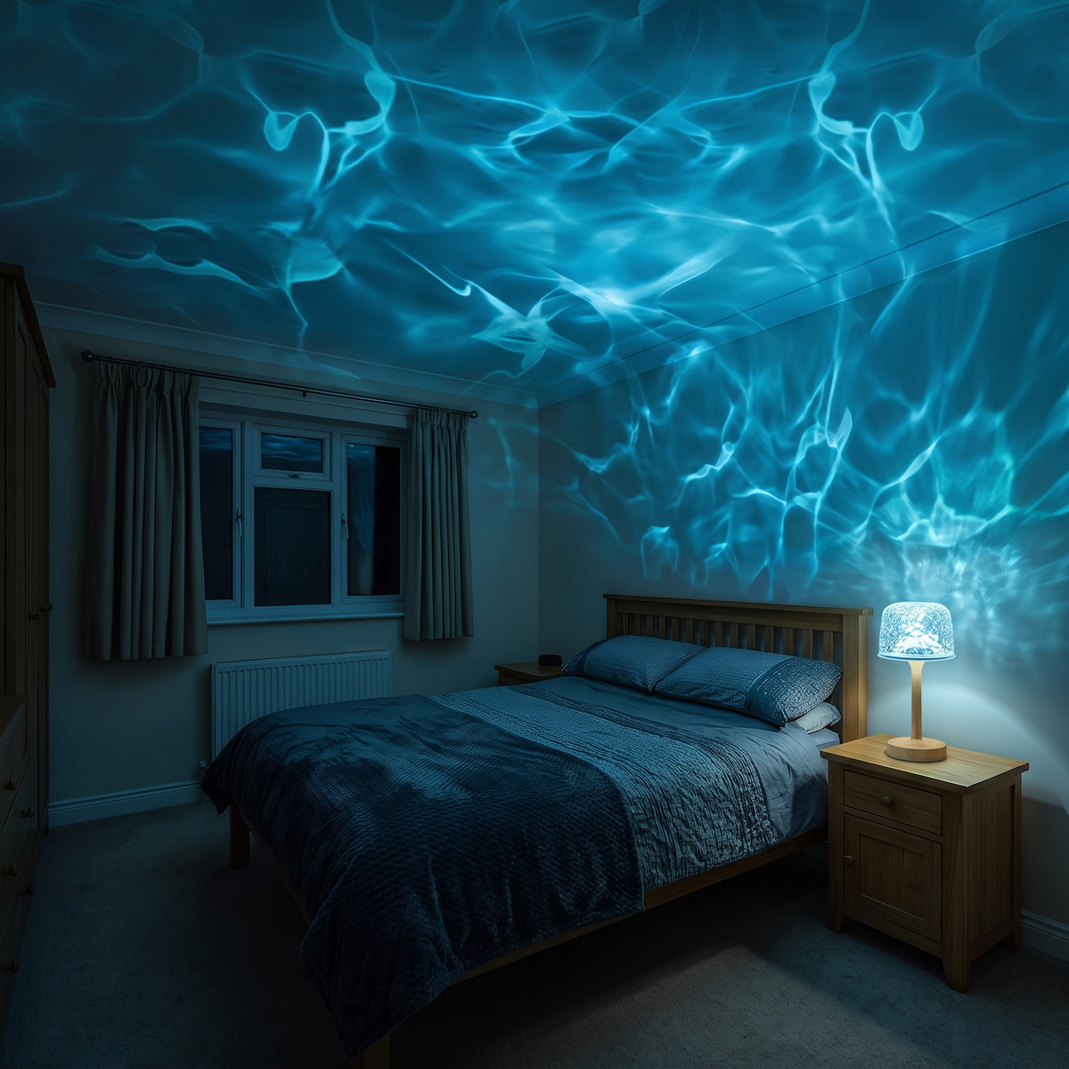 Water ripple lamp filling a bedroom ceiling with blue ripple light