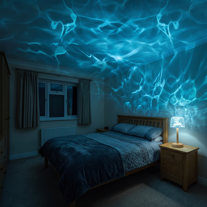 Water ripple lamp filling a bedroom ceiling with blue ripple light