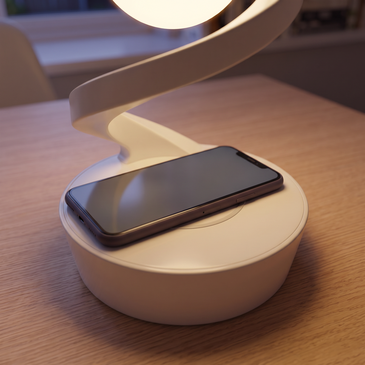 Phone charging on the wireless pad in the base of the floating desk lamp