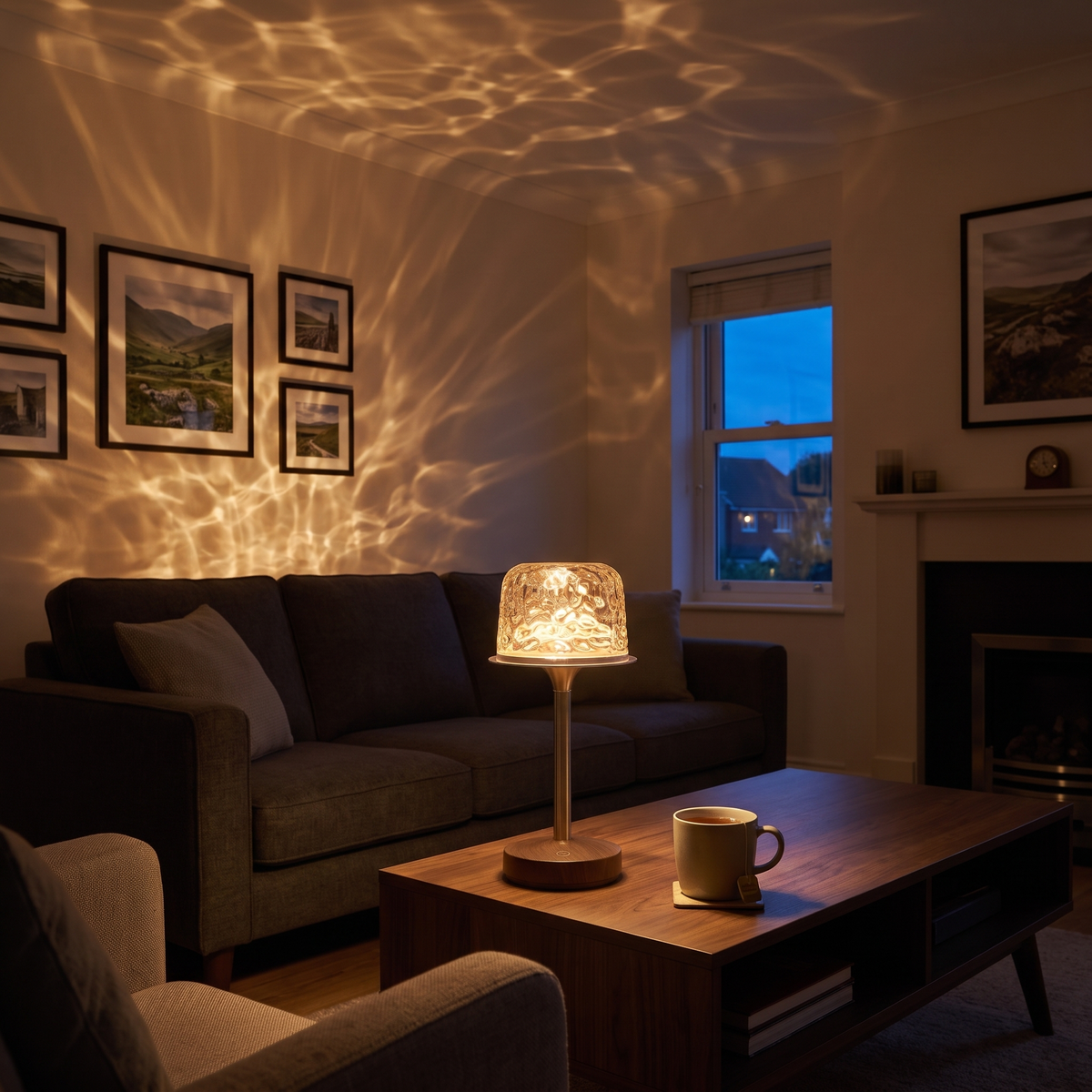 Walnut water ripple lamp on a coffee table in a living room