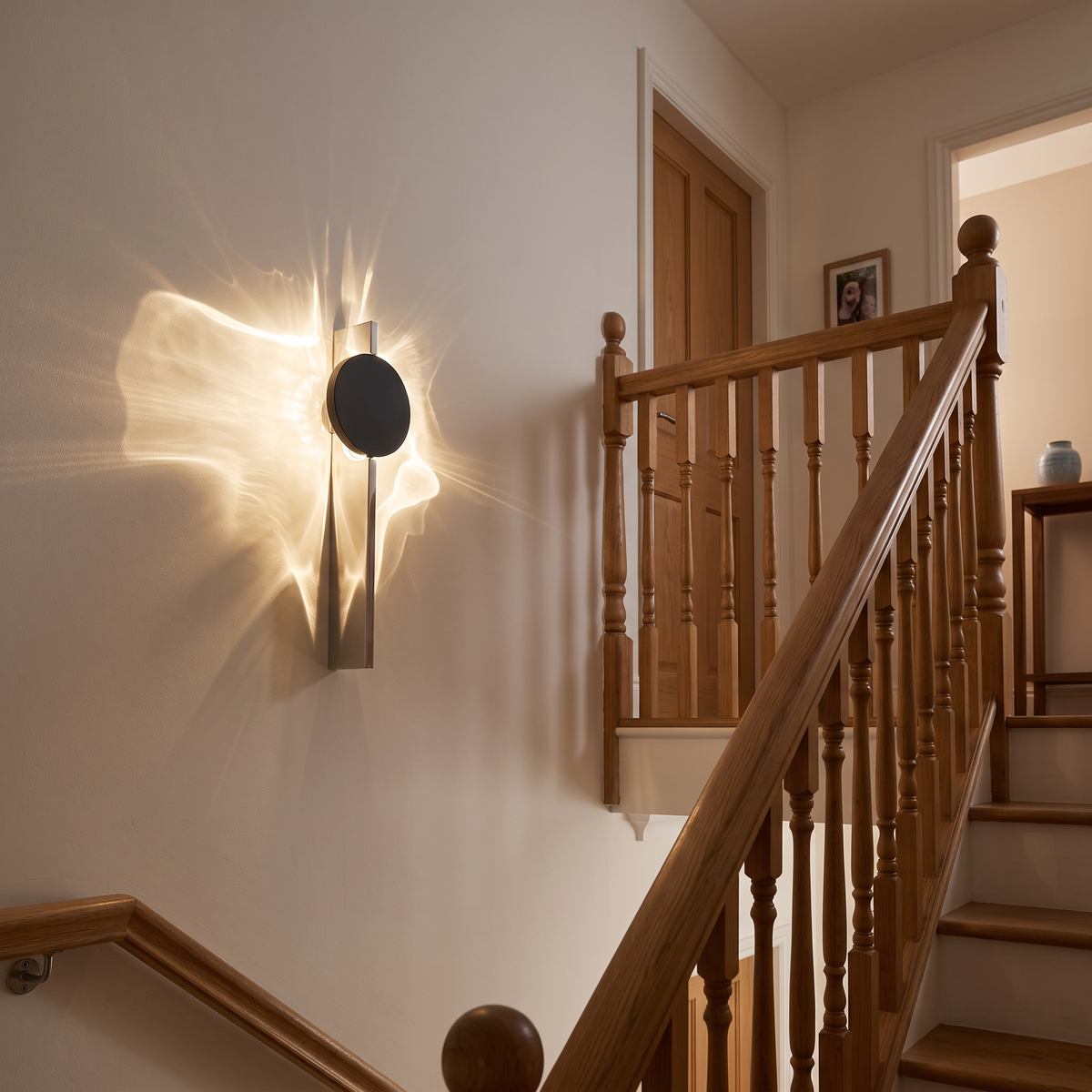 Water ripple wall light on a staircase landing wall