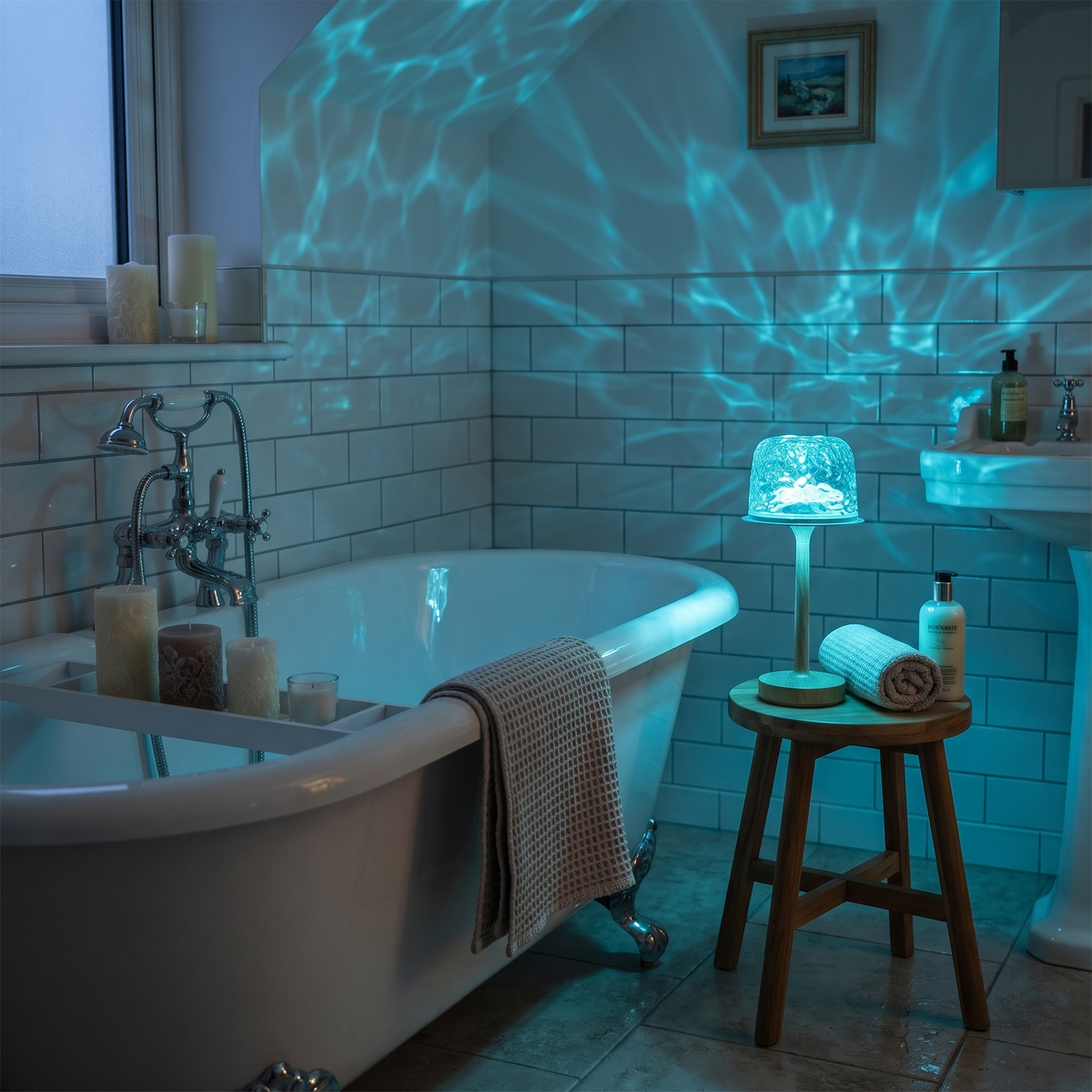 Water ripple lamp casting blue ripples across a bathroom wall beside a bath