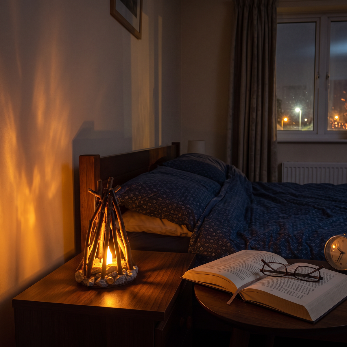 Bonfire night light glowing on a bedside table at night