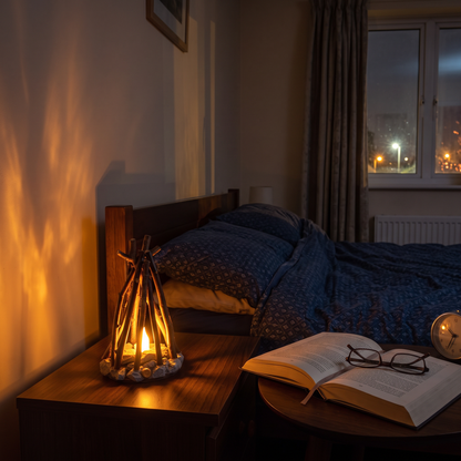Bonfire night light glowing on a bedside table at night