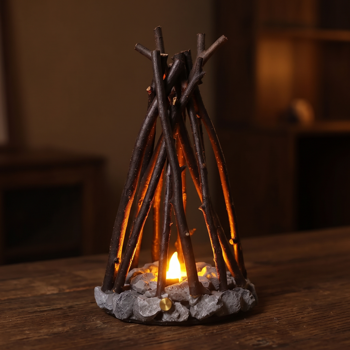 Close-up of the twigs and pebbles of the bonfire night light