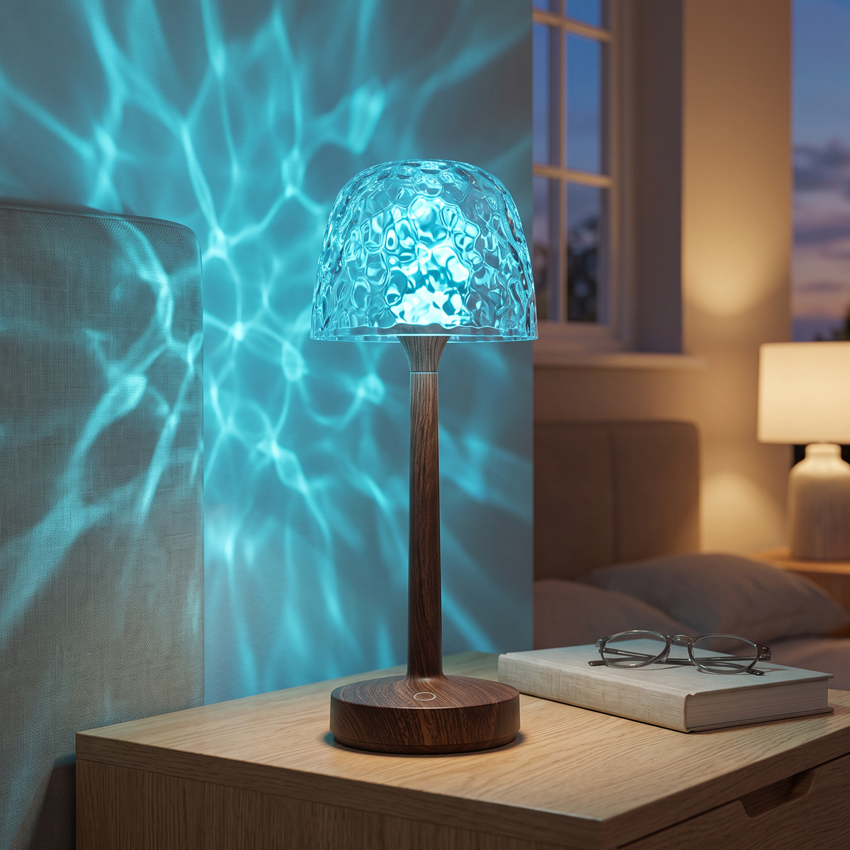 Water ripple lamp with walnut wood base in blue ocean mode on a bedside table