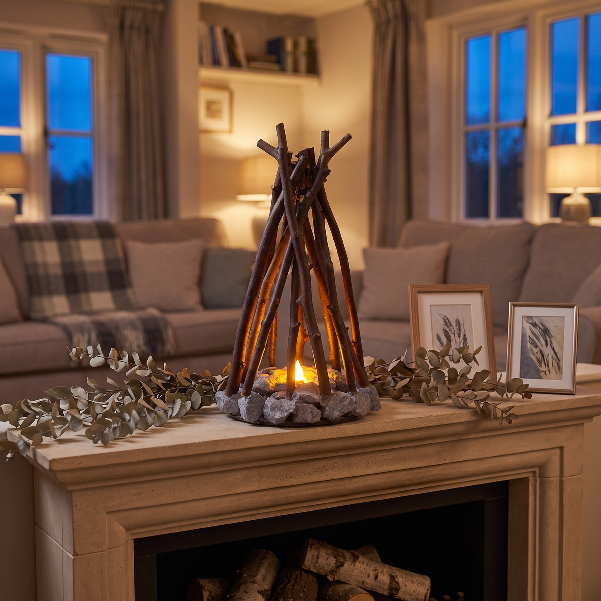 Large bonfire night light on a living room mantelpiece