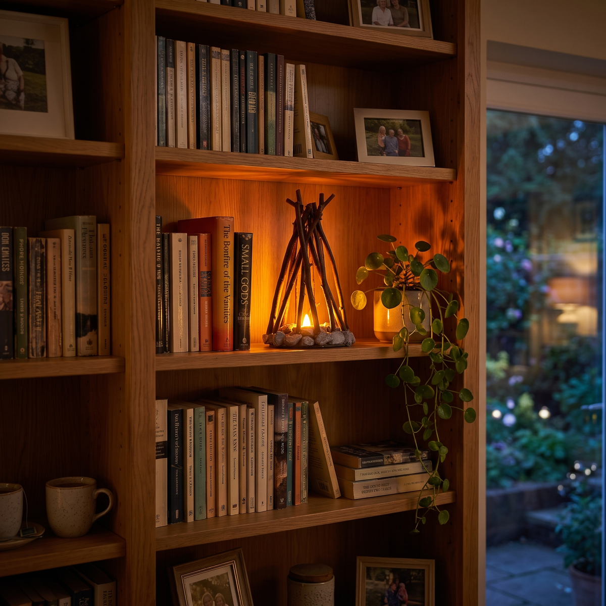 Small bonfire night light glowing on a bookshelf