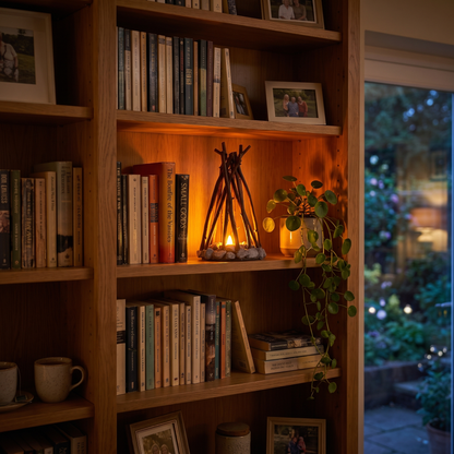 Small bonfire night light glowing on a bookshelf
